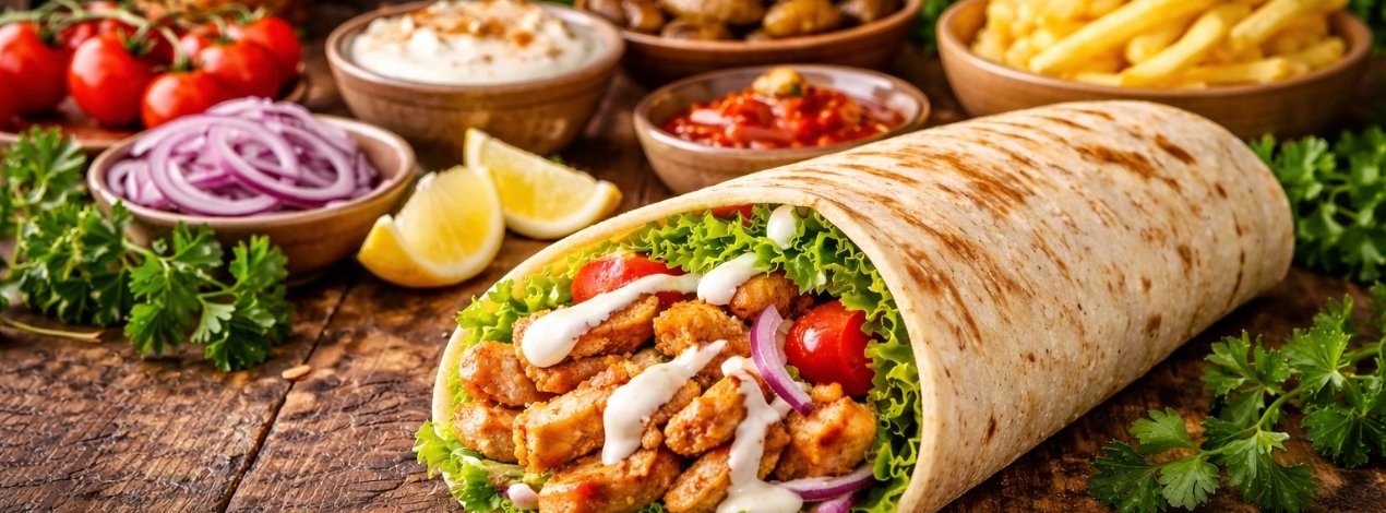 Authentic chicken shawarma wrap made with freshly grilled chicken, crisp lettuce, tomatoes, onions, and creamy garlic sauce, served at The Nomad Nosh cafe in Hennur Gardens, Geddalahalli, Bangalore, offering rich Middle Eastern flavours and halal food options.