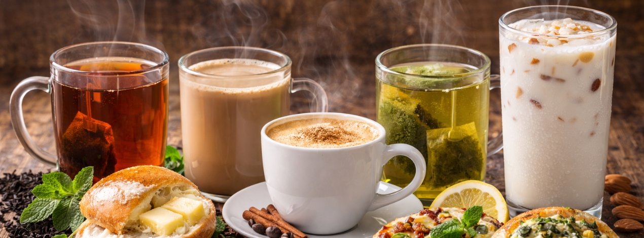 Refreshing hot beverages served at The Nomad Nosh café in Hennur, Bangalore, including chai, filter coffee, and comforting hot drinks.