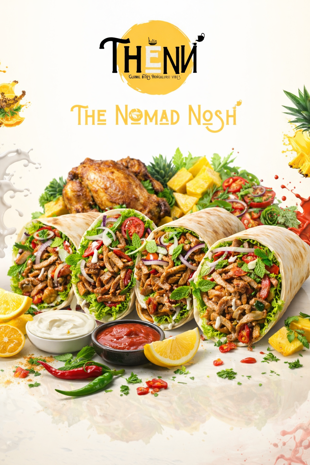 Freshly grilled chicken shawarma wrap served at The Nomad Nosh cafe in Hennur Gardens, Geddalahalli, Bangalore, made with premium ingredients and authentic Middle Eastern flavours.